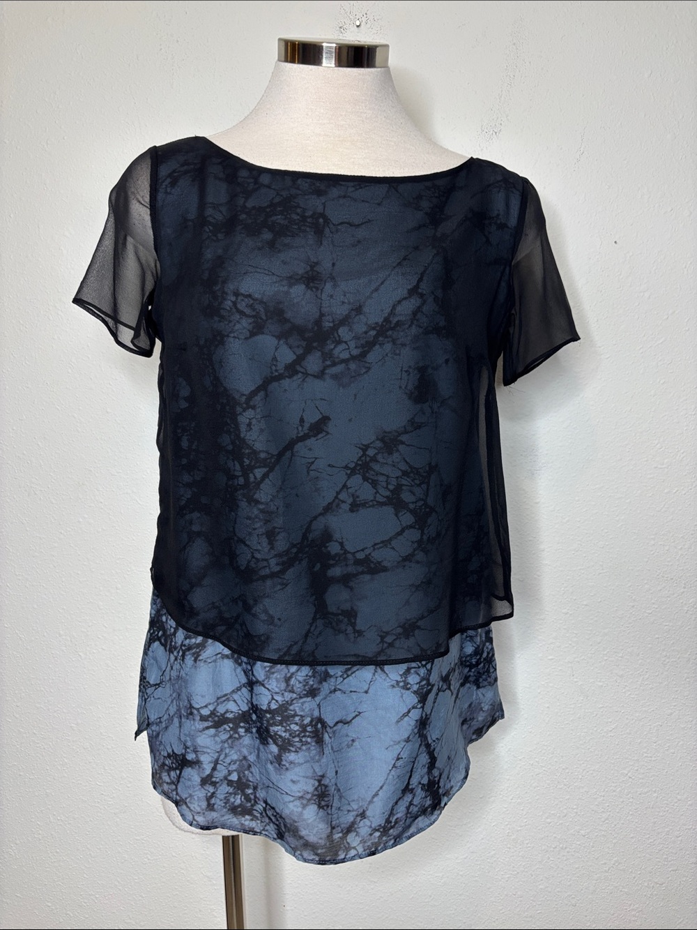 Bailey 44 Sheer Layered Marble-Print Top in Blue and Black
